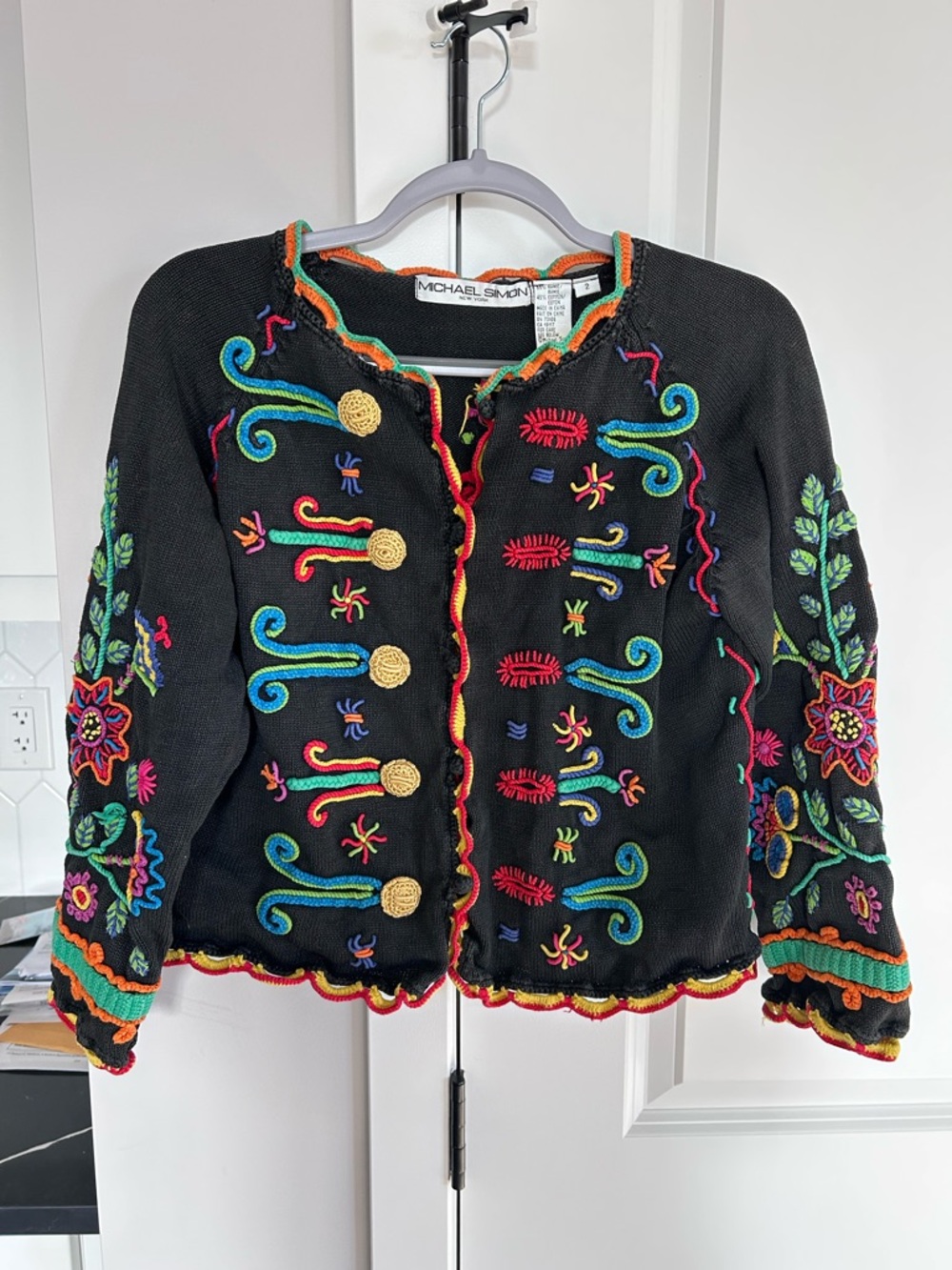 Michael Simon Vintage Embroidered Knit Jacket Black Colorful Artsy Boho Cardigan